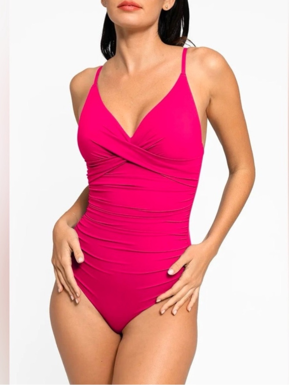 NWT Popilush Shapewear Ruched Cross-Front One-Piece Swimsuit in Hot Pink Sz XL